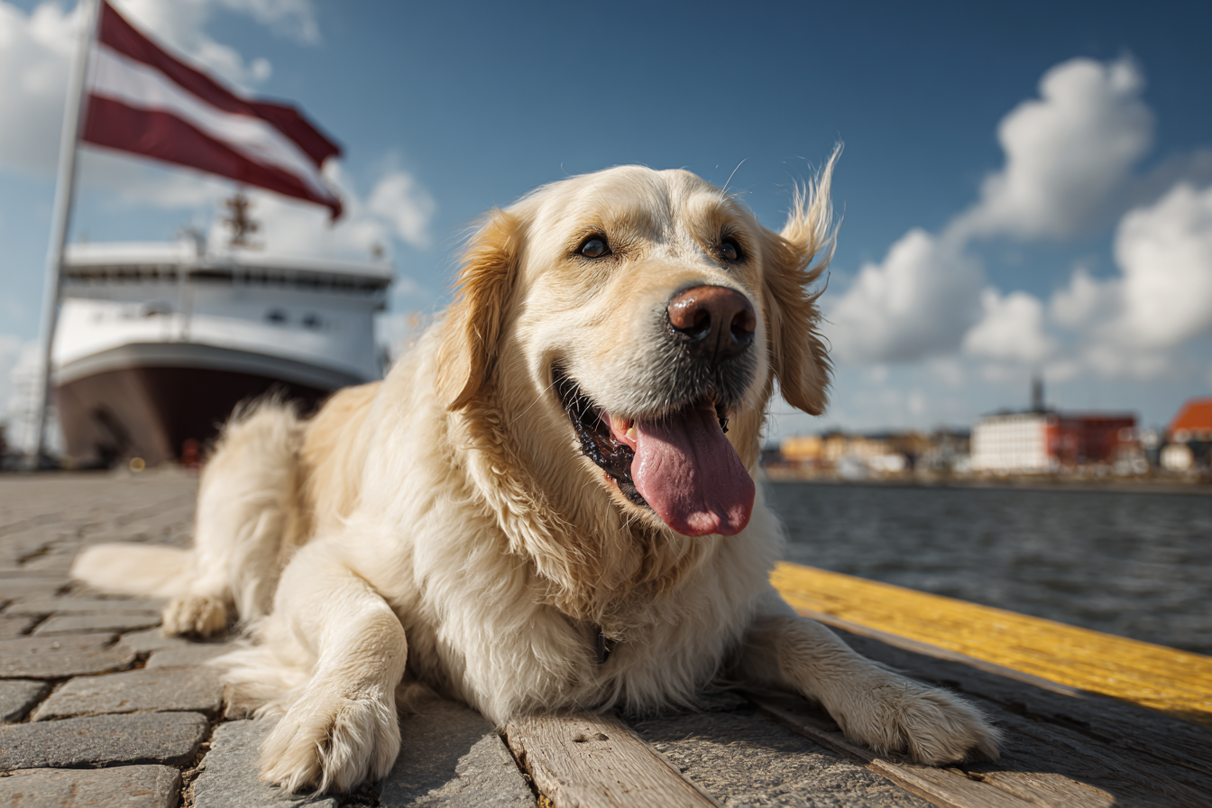 Dog at the railing of a Stena Line ferry on the Baltic Sea